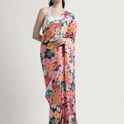 Jaipur Kurti Pink & Blue Floral Print Saree With Unstitched Blouse-picture-11
