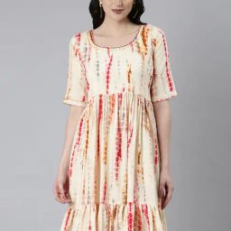 SHOWOFF Cream Cotton Printed Fit & Flare Dress-image-3