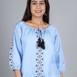 Shiv ali apparels Tie-Up Neck Puff Sleeve Cotton Blouson Top-picture-49