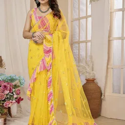 KALINI Embellished Mirror Work Net Ruffle Saree with Blouse Piece-image-47
