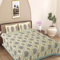 FrionKandy Living Turquoise Blue & Beige Floral 180 TC King Bedsheet with 2 Pillow Covers-image-95
