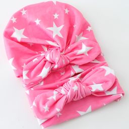 Bonfino Free Size Stars Print Cap and Headband with Bow Applique Pack of 2 - Pink-image-49