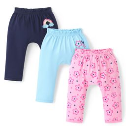Doodle Poodle Interlock Cotton Knit Full Length Diaper Leggings with Floral Print Pack of 3 - Light Blue Pink & Navy.-image-71