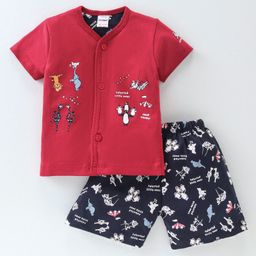 Cucumber Cotton Sinker Knit Half Sleeves Night Suit with Elephant Print - Red-image-93
