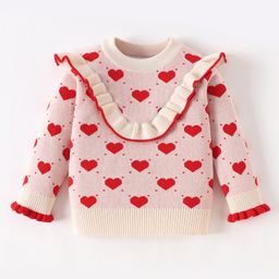 Kookie Kids Knit Full Sleeves Pullover Sweater with Frill Detailing & Hearts Design - Cream-picture-11