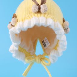 Babyhug Bow Applique Woollen Cap with Knot - Yellow-image-0