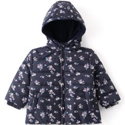 Babyhug Full Sleeves Front Open Padded Hooded Jacket with Floral Print - Blue-image-49