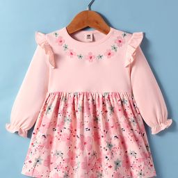 ToffyHouse Interlock Knit Full Sleeves Frock With Floral Print & Embroidery - Light Peach-picture-24