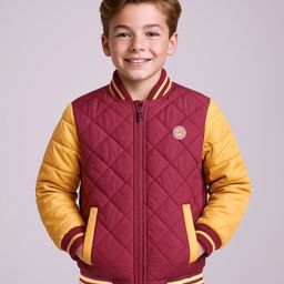 Pine Kids Cotton Knit Full Sleeves Bomber Jacket with Patch Detailing - Maroon & Yellow-13
