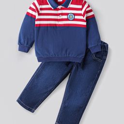 Babyhug Terry Knit Full Sleeves Striped Polo T-Shirt & Solid Denim Jeans Set With Text Patch - Navy Blue-image-85