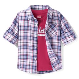 Babyhug Cotton Woven Full Sleeves Checkered Shirt with Text Print T-Shirt - Blue White & Red-image-70