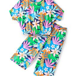 Babyhug Terry Knit Half Sleeves Top & Palazzo Set with Floral & Leaves Print - Navy Blue & Green-image-36