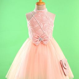Enfance Sleeveless Bow Applique Flared Party Dress With Sling Bag - Peach-image-24