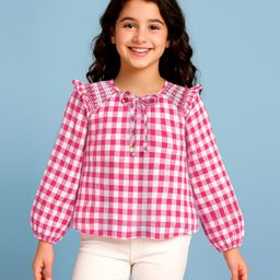 Arias Cotton Seersucer Woven Full Sleeves Check Top with Frill & Bow Detailing - Pink-picture-13