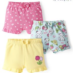 Babyoye 100% Cotton Knit Eco Conscious With Eco Jiva Finish Shorts With Floral & Cat Print & Bow Applique Pack of 3 - Yellow Light Blue & Pink-image-45