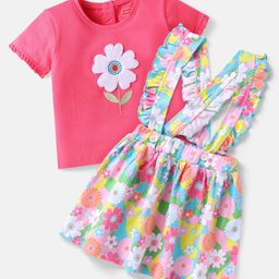 Babyhug Single Jersey Knit Half Sleeves Top & Skirt Set with Floral Embroidery & Frill Detailing - Pink-12