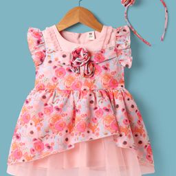 ToffyHouse Woven Frill Sleeves Party Dress With Floral Print & Applique & Headband - Pink-picture-45