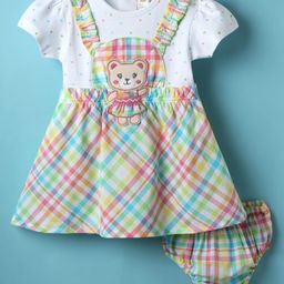 ToffyHouse Cotton Woven Half Sleeves Checks Frock With Teddy Bear Patch & Bloomer - Multicolor-image-24