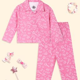 The Mom Store Cotton Knit Full Sleeves Moons Printed Coordinating Shirt & Pajama Set - Pink-image-85