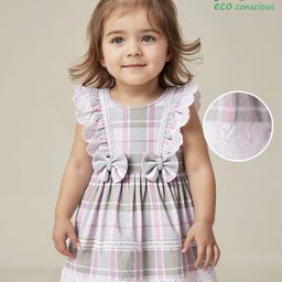 Babyoye Cotton Woven Frill Sleeves Checks Dress With Bow Applique - Purple-image-96