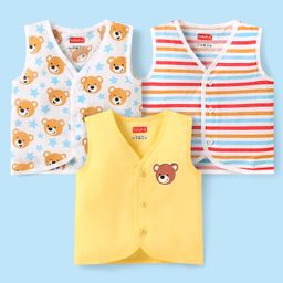 Babyhug Cambric Woven Sleeveless Jhablas With Striped & Bear Print Pack Of 3 - Yellow Red & White-picture-18