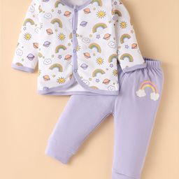 BUMZEE Cotton Knit Full Sleeves Night Suit With Rainbow Print - White & Lavender-image-85