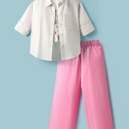 Pine Kids Poplin Woven Solid Color Full Sleeves Shirt & Culottes with Inner Top - White & Pink-image-68