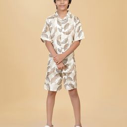Ninos Dreams Cotton Rayon Half Sleeves Tropical Theme Printed Coordinating Shirt & Shorts Set - Beige-image-38