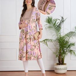 Bella Mama Woven Three Forth Sleeves Maternity Kurta With Floral Print & Embroidered Yoke - Pink-picture-38