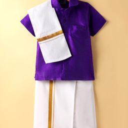 Dapper Dudes Cotton Silk Woven Half Sleeves Solid Shirt With Placement Foil Striped Mundu & Angavastram Set - Purple-picture-4