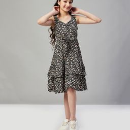 StyloBug Woven Sleeveless Floral Printed Layered Dress - Black-image-1