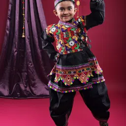 Banjara India Cotton Blend Woven Navratri Theme Full Sleeves Ethnic Embroidered Kediya With Dhoti & Cap Set - Black-picture-16
