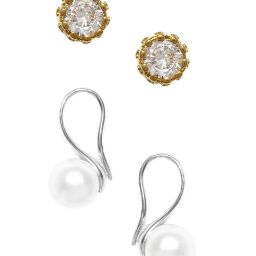 OOMPH Pearl & Crown Cubic Zirconia Small Stud & Drop Earrings for Women - Set of 2 image 4
