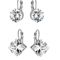 OOMPH Silver Tone Round & Square Solitaire Cubic Zirconia Drop Earrings for Women - Set of 2 image 4