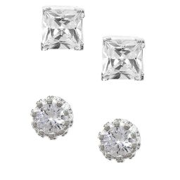 OOMPH Silver Tone Square & Round Cubic Zirconia Small Stud Earrings for Women - Set of 2 image 4