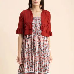 Moomaya Off White & Red Floral Print A Line Dress With Shrug-image-24