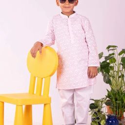 VASTRAMAY Boys Pink & White Embroidery Full Sleeves Kurta Sets-image-38