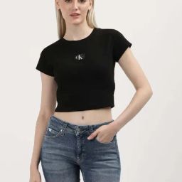 CALVIN KLEIN Black Cotton Logo Patch Work Crop T-Shirt-image-28
