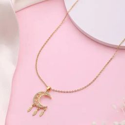 Aatmana Gold-Toned Gold-Plated Half Moon CZ Studded Pendant with Chain-image-91