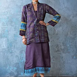 UDD Mahoot Geometric Printed Lapel Collar Mirror Work Linen Tailored Jacket-picture-21
