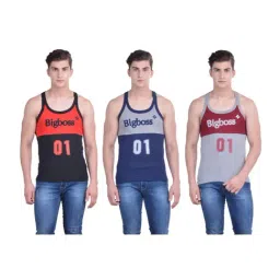 Dollar Bigboss Assorted Color Cotton Regular Fit Logo Printed Gym Vests (Pack Of 3)-2