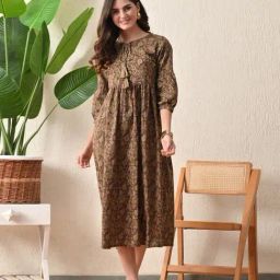 DECKEDUP Brown Cotton Floral Three-Quarter Sleeves Dress-image-64
