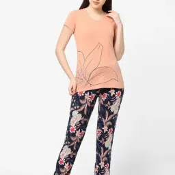 Sweet Dreams Peach & Navy Floral Print T-Shirt With Pyjamas-picture-17