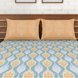 Spaces ATRIUM PLUS ECOM Blue & Peach Cotton 210 TC Double Bedsheet with 2 Pillow Covers image 4
