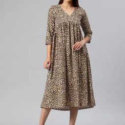 Cottinfab Brown Animal Print A Line Dress-image-34