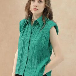 RAREISM Green Rayon Solid Sleeveless Top-image-32