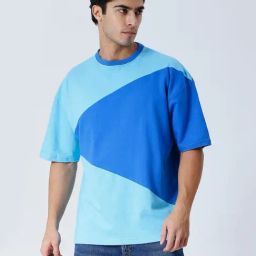 House Of RS Aqua Blue Oversized Fit Colorblock Oversized T-Shirt-image-62