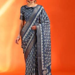 Saree Mall Navy Printed Sarees With Unstitched Blouse-image-90