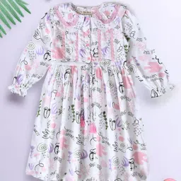 Bella Moda Girls White Cotton Three Fourth Sleeves Floral Printed Fit & Flare Dress-picture-13