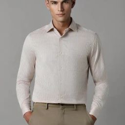 Louis Philippe Beige Cotton Regular Fit Striped Shirt-picture-16